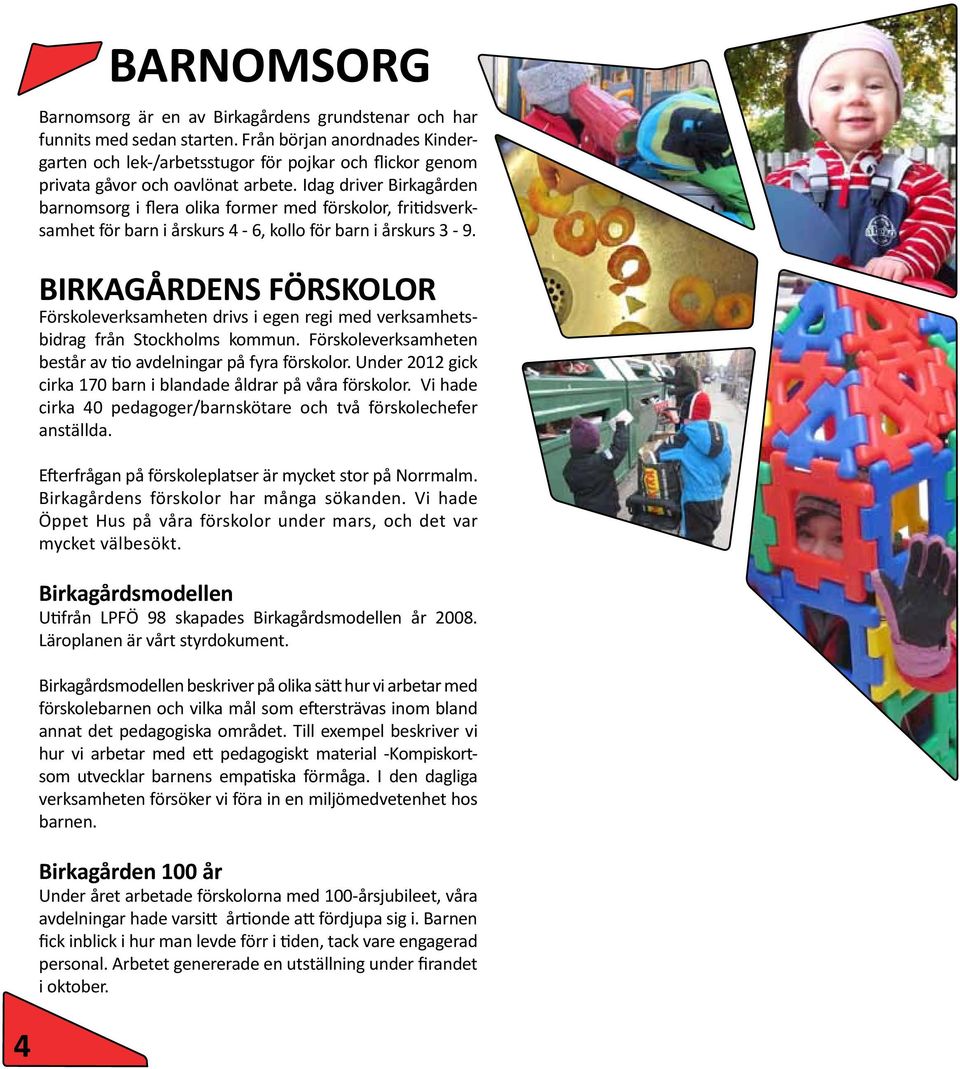 Idag driver Birkagården barnomsorg i flera olika former med förskolor, fritidsverksamhet för barn i årskurs 4-6, kollo för barn i årskurs 3-9.
