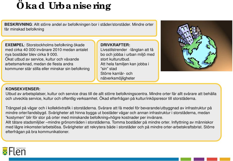 Ökat utbud av service, kultur och växande arbetsmarknad, medan de flesta andra kommuner står stilla eller minskar sin befolkning Livsstilstrender -längtan att få bo och jobba i urban miljö med stort