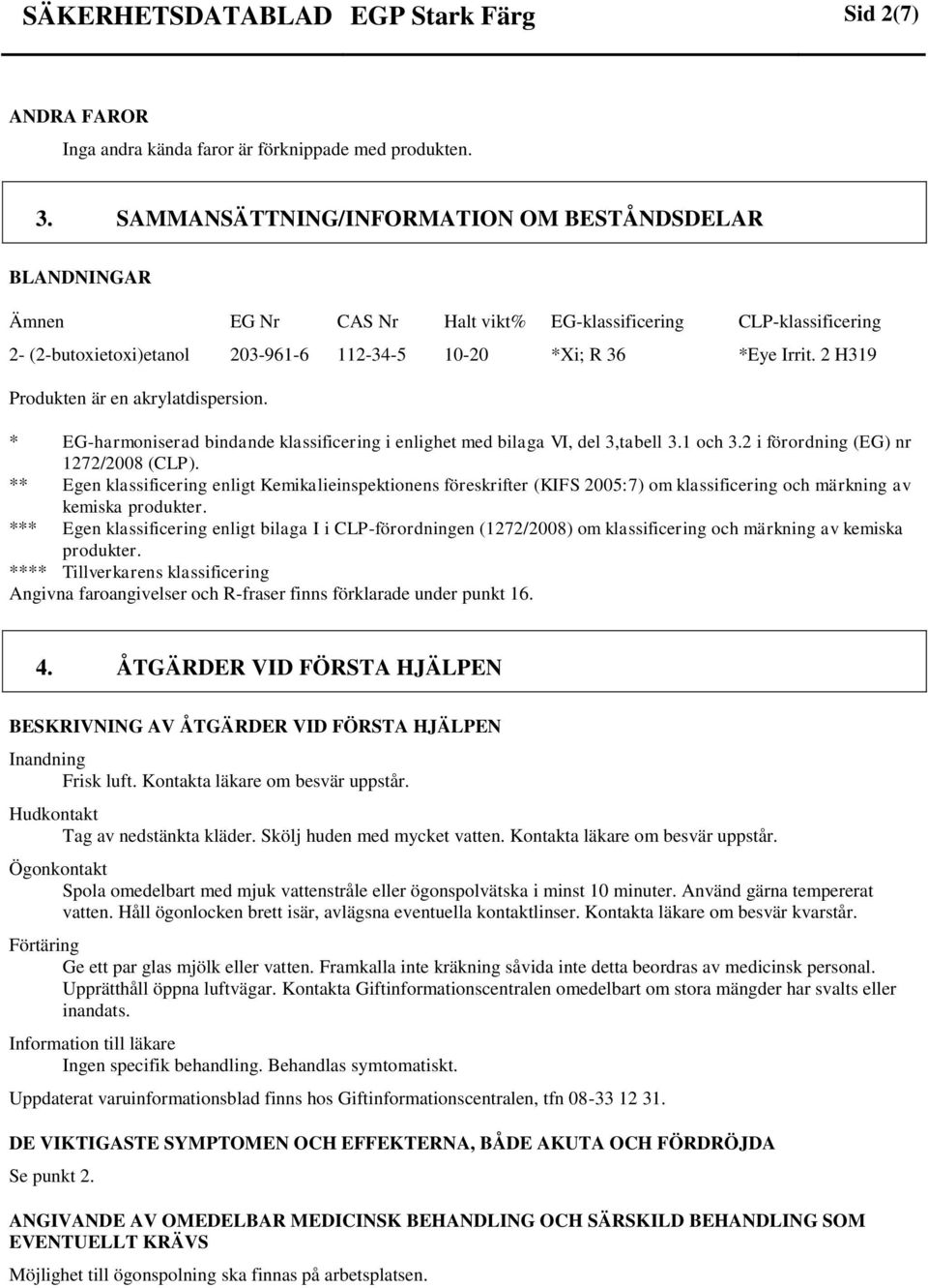 2 H319 Produkten är en akrylatdispersion. * EGharmoniserad bindande klassificering i enlighet med bilaga VI, del 3,tabell 3.1 och 3.2 i förordning (EG) nr 1272/2008 (CLP).