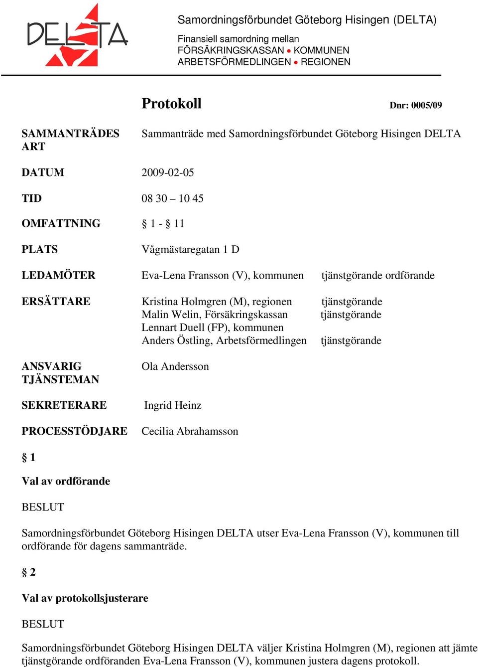 Kristina Holmgren (M), regionen tjänstgörande Malin Welin, Försäkringskassan tjänstgörande Lennart Duell (FP), kommunen Anders Östling, Arbetsförmedlingen tjänstgörande ANSVARIG TJÄNSTEMAN