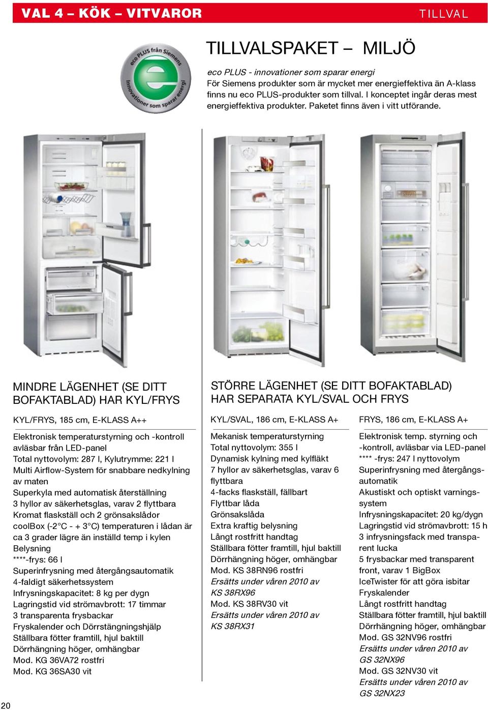 mindre lägenhet (SE DITT BOFAKTABLAD) har kyl/frys större lägenhet (SE DITT BOFAKTABLAD) har separata kyl/sval och Frys 20 KYL/FRYS, 185 cm, E-KLASS A++ Elektronisk temperaturstyrning och -kontroll