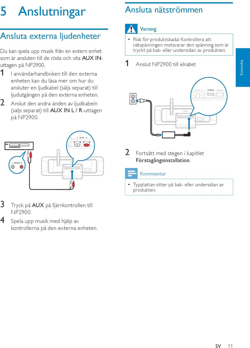 2 Anslut den andra änden av ljudkabeln (säljs separat) till AUX IN L / R-uttagen på NP2900. Ansluta nätströmmen Varning Risk för produktskada!