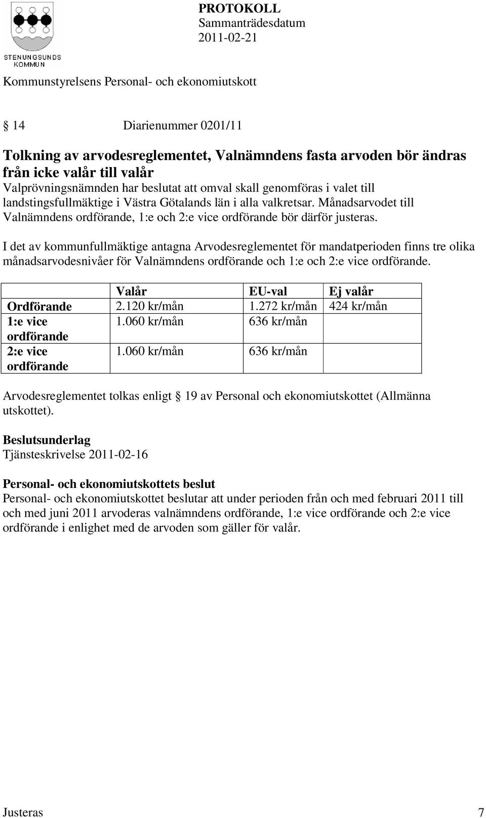 I det av kommunfullmäktige antagna Arvodesreglementet för mandatperioden finns tre olika månadsarvodesnivåer för Valnämndens ordförande och 1:e och 2:e vice ordförande.