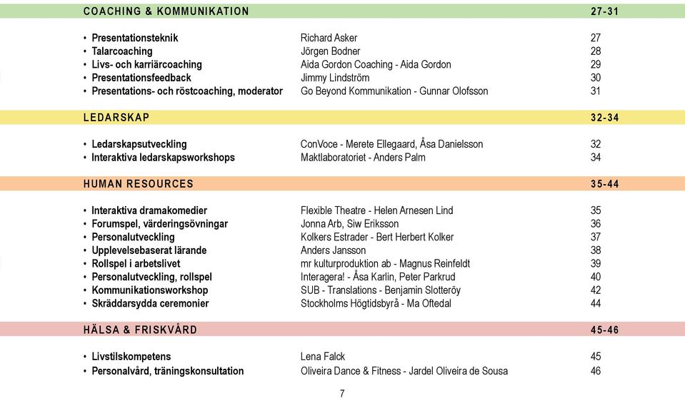 Ellegaard, Åsa Danielsson 32 Interaktiva ledarskapsworkshops Maktlaboratoriet - Anders Palm 34 H U M A N R E S O U R C E S 3 5-4 4 Interaktiva dramakomedier Flexible Theatre - Helen Arnesen Lind 35