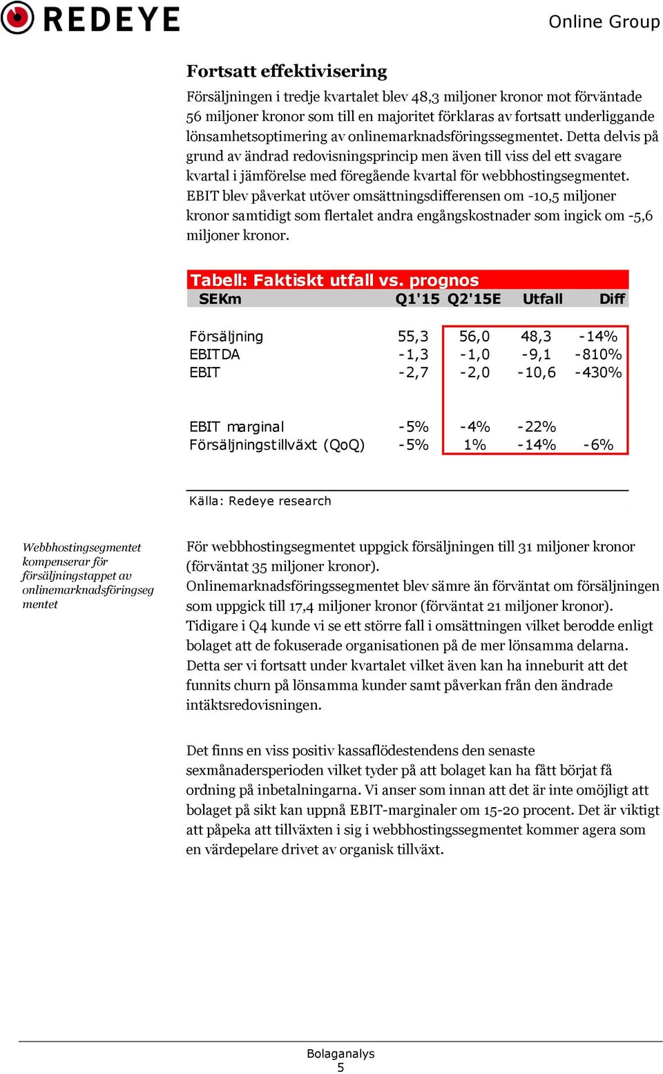 EBIT blev påverkat utöver omsättningsdifferensen om -10,5 miljoner kronor samtidigt som flertalet andra engångskostnader som ingick om -5,6 miljoner kronor. Tabell: Faktiskt utfall vs.