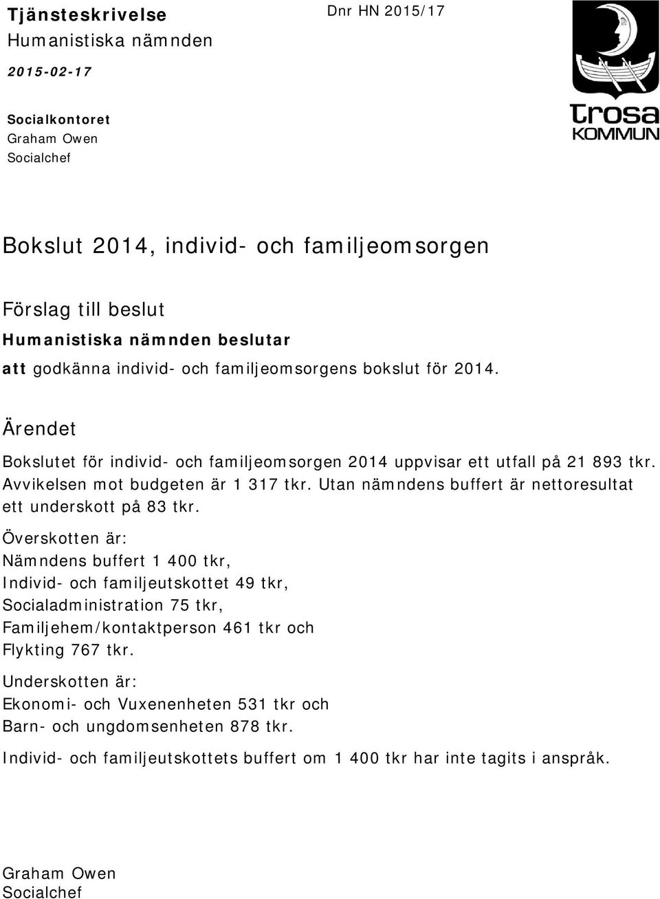 Utan nämndens buffert är nettoresultat ett underskott på 83 tkr.