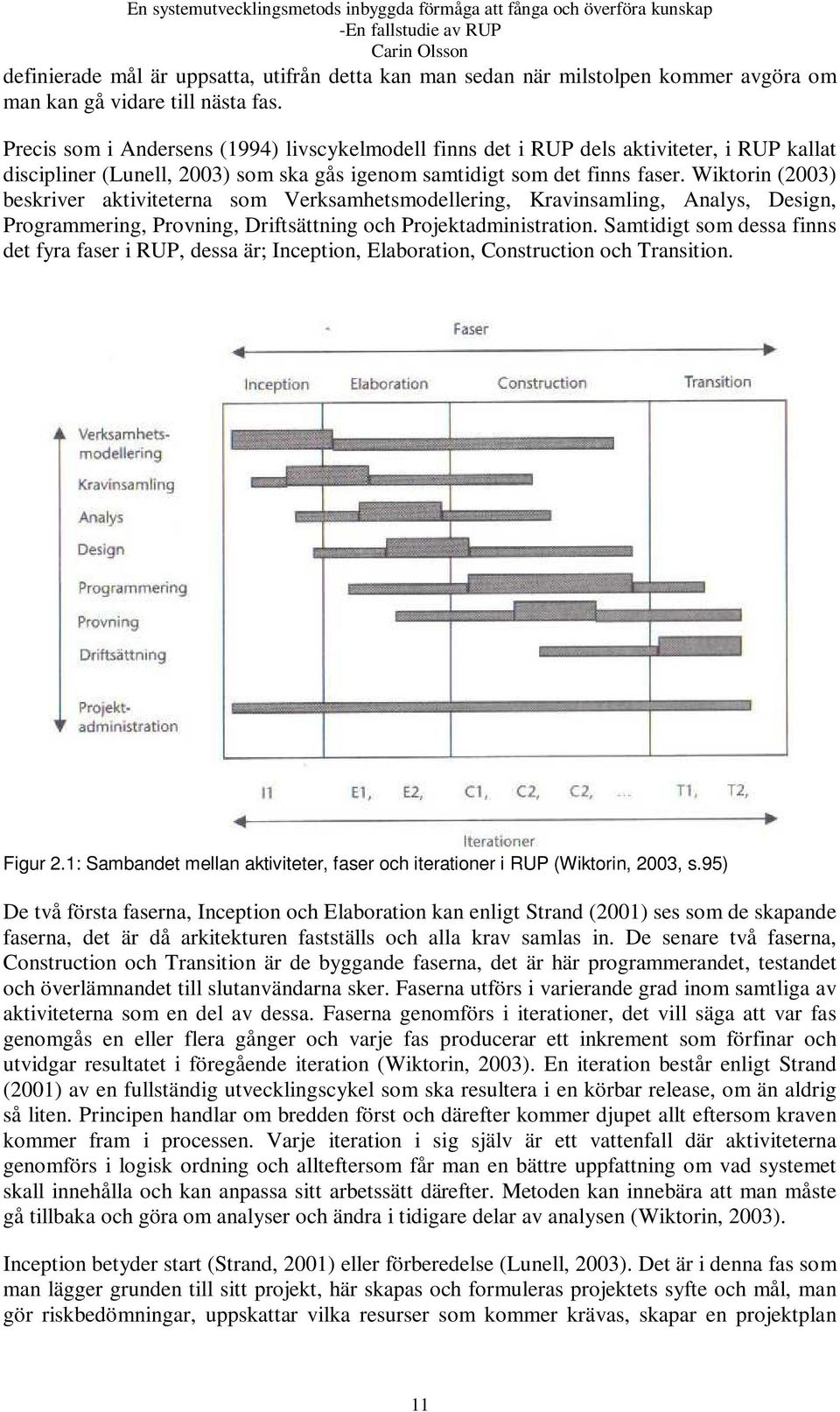 Wiktorin (2003) beskriver aktiviteterna som Verksamhetsmodellering, Kravinsamling, Analys, Design, Programmering, Provning, Driftsättning och Projektadministration.