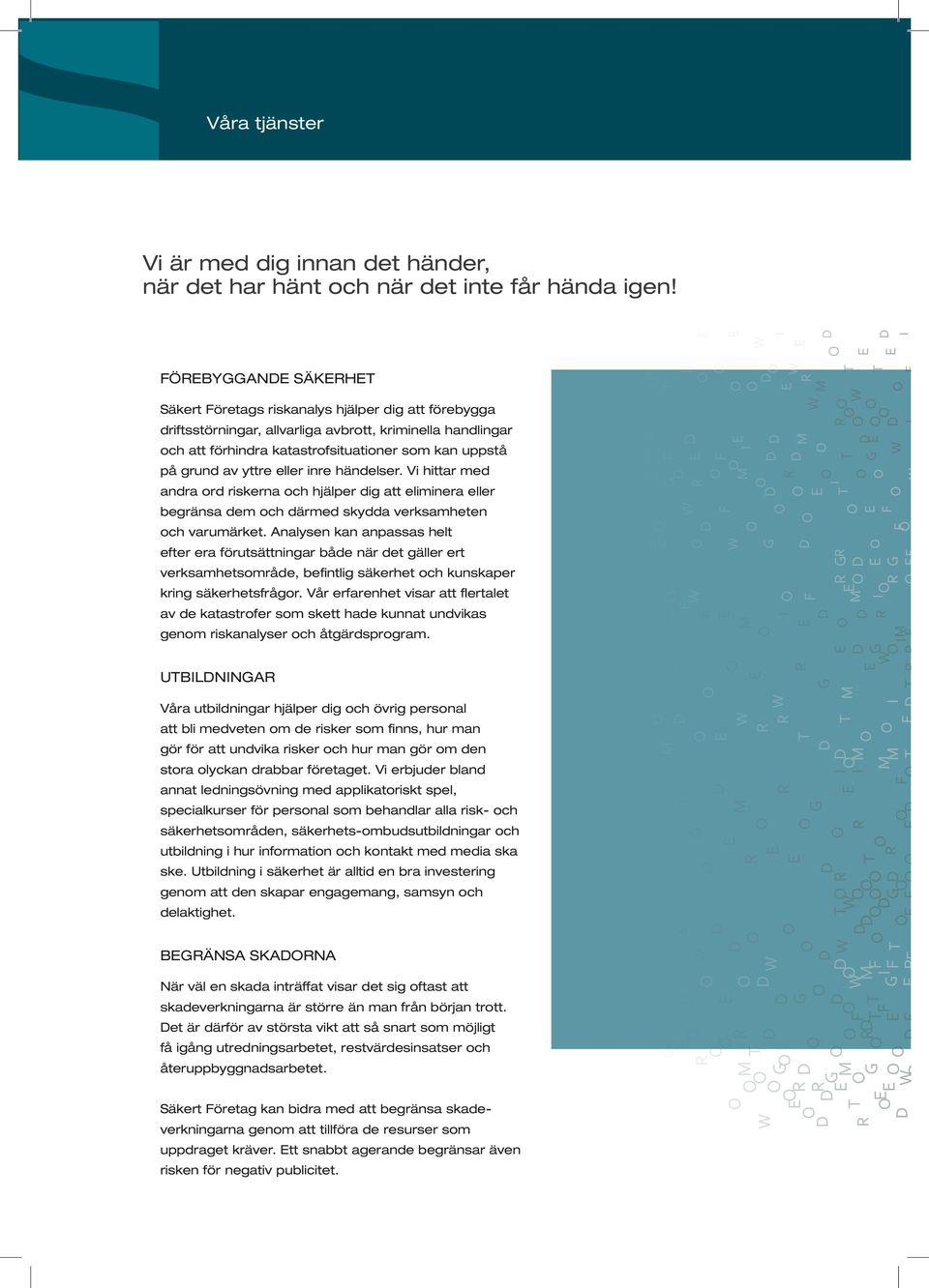 av yttre eller inre händelser. Vi hittar med andra ord riskerna och hjälper dig att eliminera eller begränsa dem och därmed skydda verksamheten och varumärket.