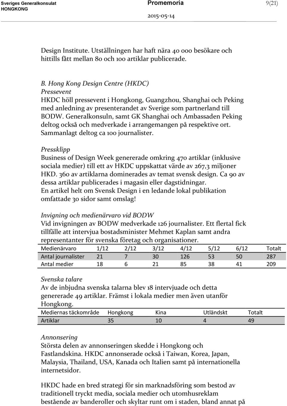 Generalkonsuln, samt GK Shanghai och Ambassaden Peking deltog också och medverkade i arrangemangen på respektive ort. Sammanlagt deltog ca 100 journalister.