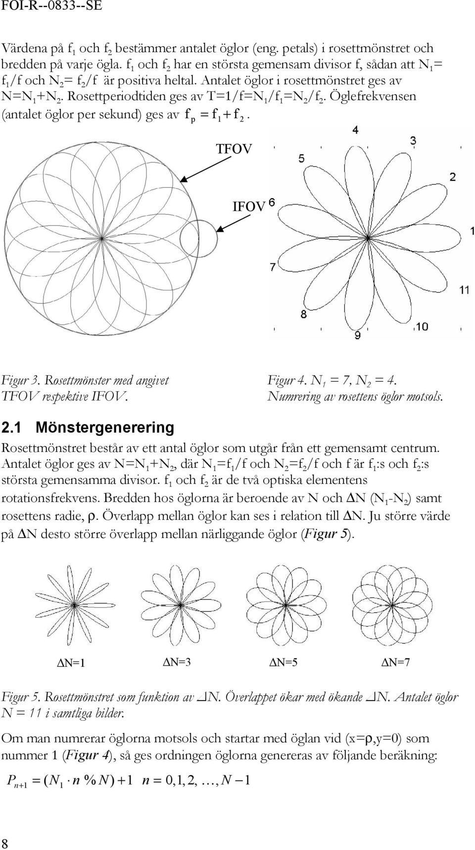 Rosettperiodtiden ges av T=1/f=N 1 /f 1 =N 2 /f 2. Öglefrekvensen (antalet öglor per sekund) ges av f p = f1+ f 2. TFOV IFOV Figur 3. Rosettmönster med angivet TFOV respektive IFOV. Figur 4.