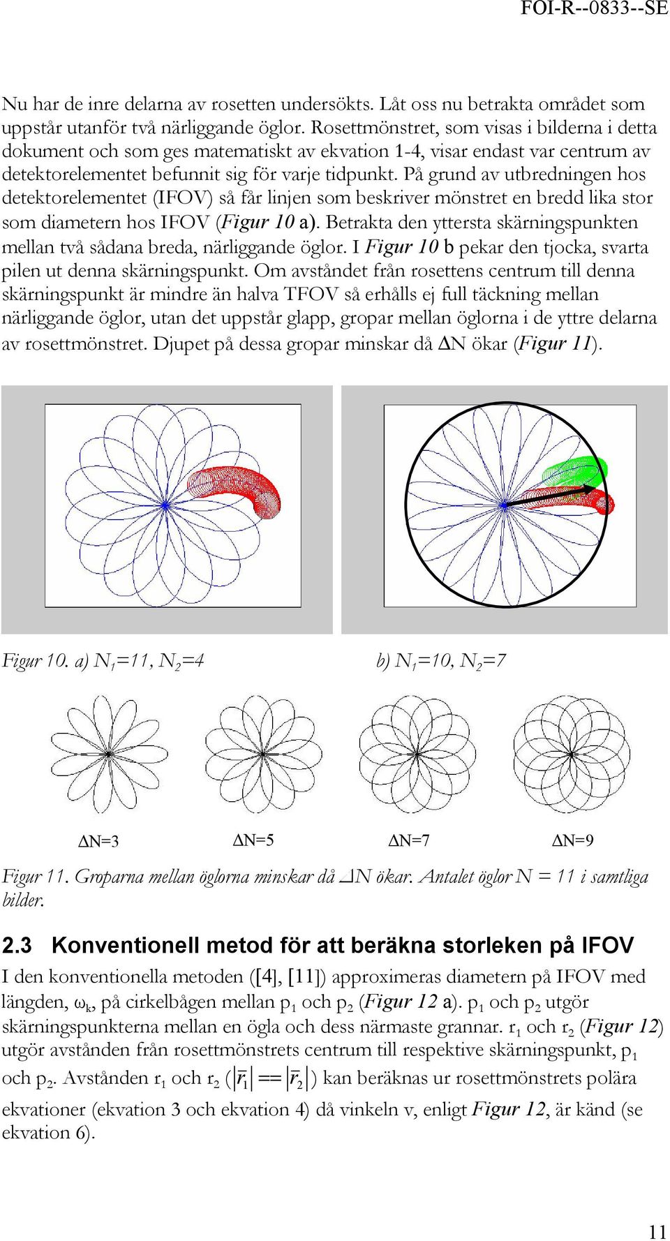 På grund av utbredningen hos detektorelementet (IFOV) så får linjen som beskriver mönstret en bredd lika stor som diametern hos IFOV (Figur 10 a).