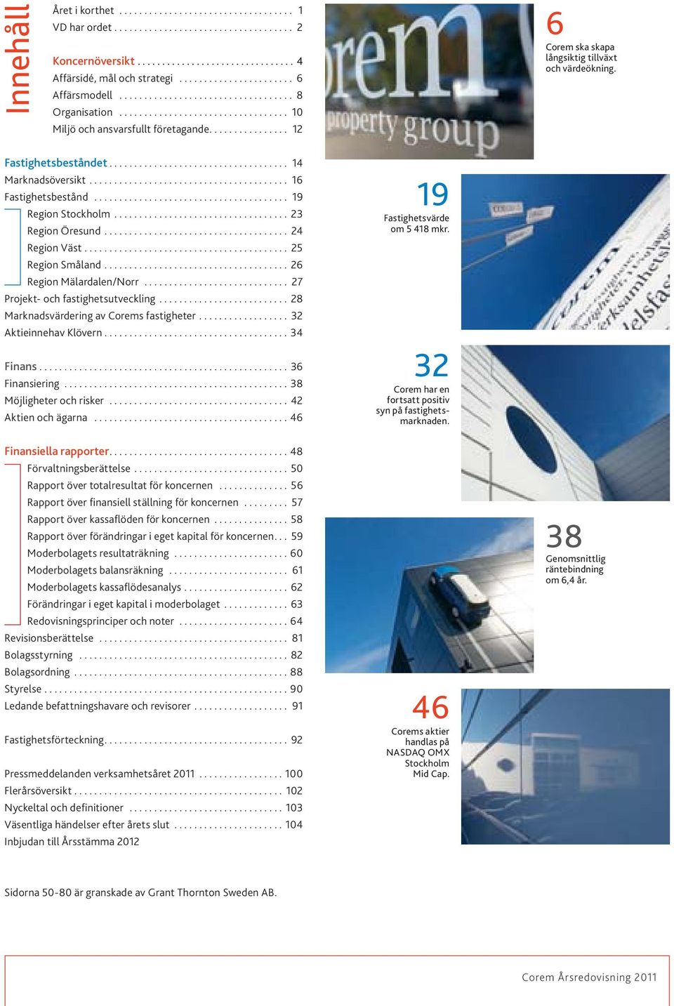 .. 25 Region Småland... 26 Region Mälardalen/Norr... 27 Projekt- och fastighetsutveckling... 28 Marknadsvärdering av Corems fastigheter... 32 Aktieinnehav Klövern... 34 Finans... 36 Finansiering.