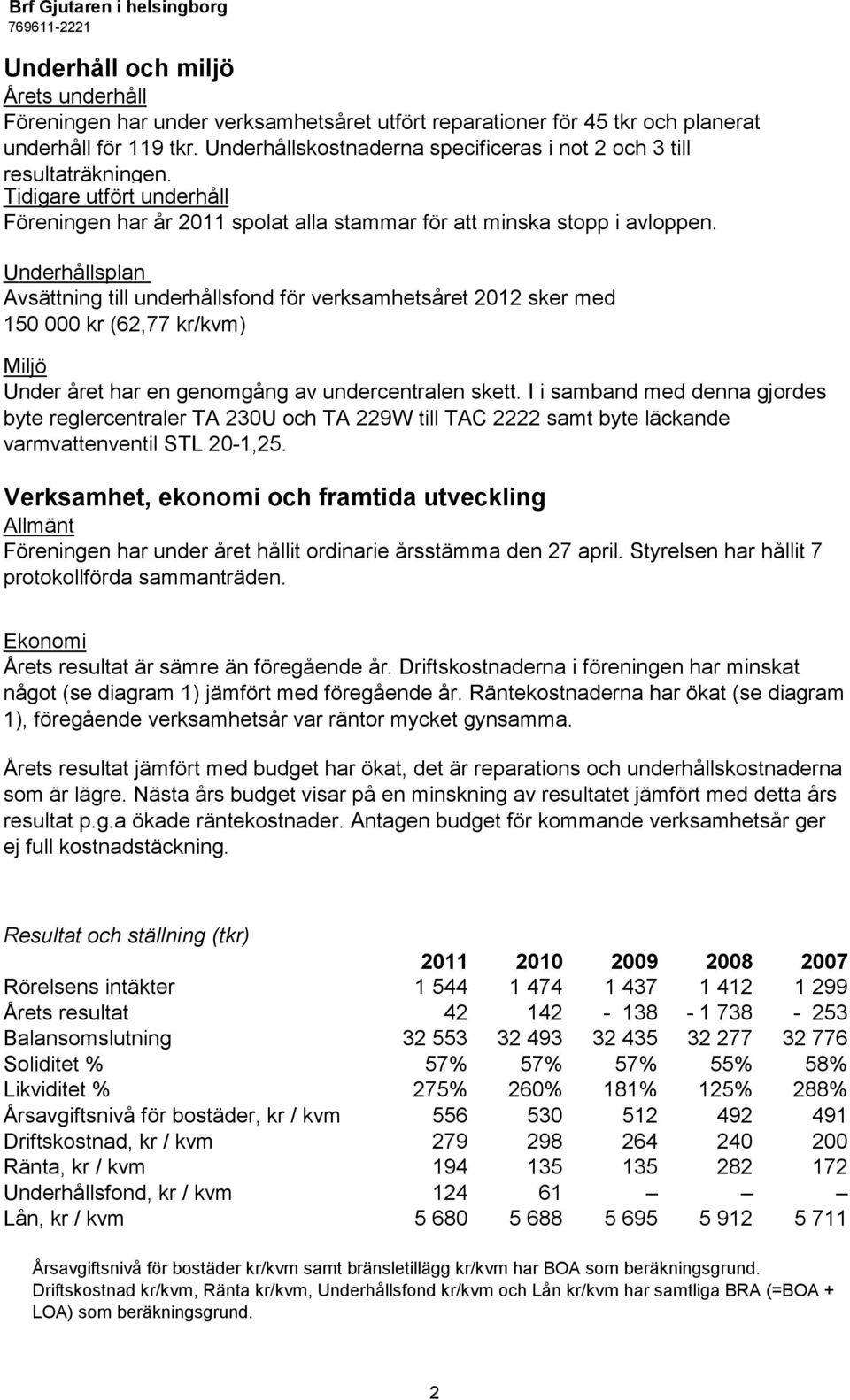 Underhållsplan Avsättning till underhållsfond för verksamhetsåret 2012 sker med 150 000 kr (62,77 kr/kvm) Miljö Under året har en genomgång av undercentralen skett.