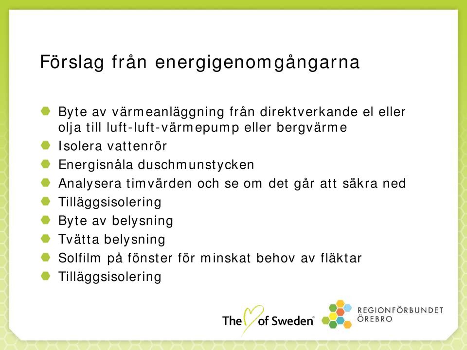 duschmunstycken Analysera timvärden och se om det går att säkra ned Tilläggsisolering