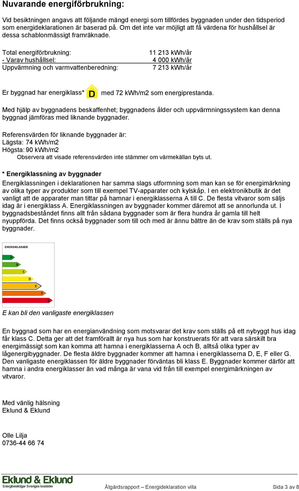 Total energiförbrukning: 11 213 kwh/år - Varav hushållsel: 4 000 kwh/år Uppvärmning och varmvattenberedning: 7 213 kwh/år Er byggnad har energiklass* med 72 kwh/m2 som energiprestanda.