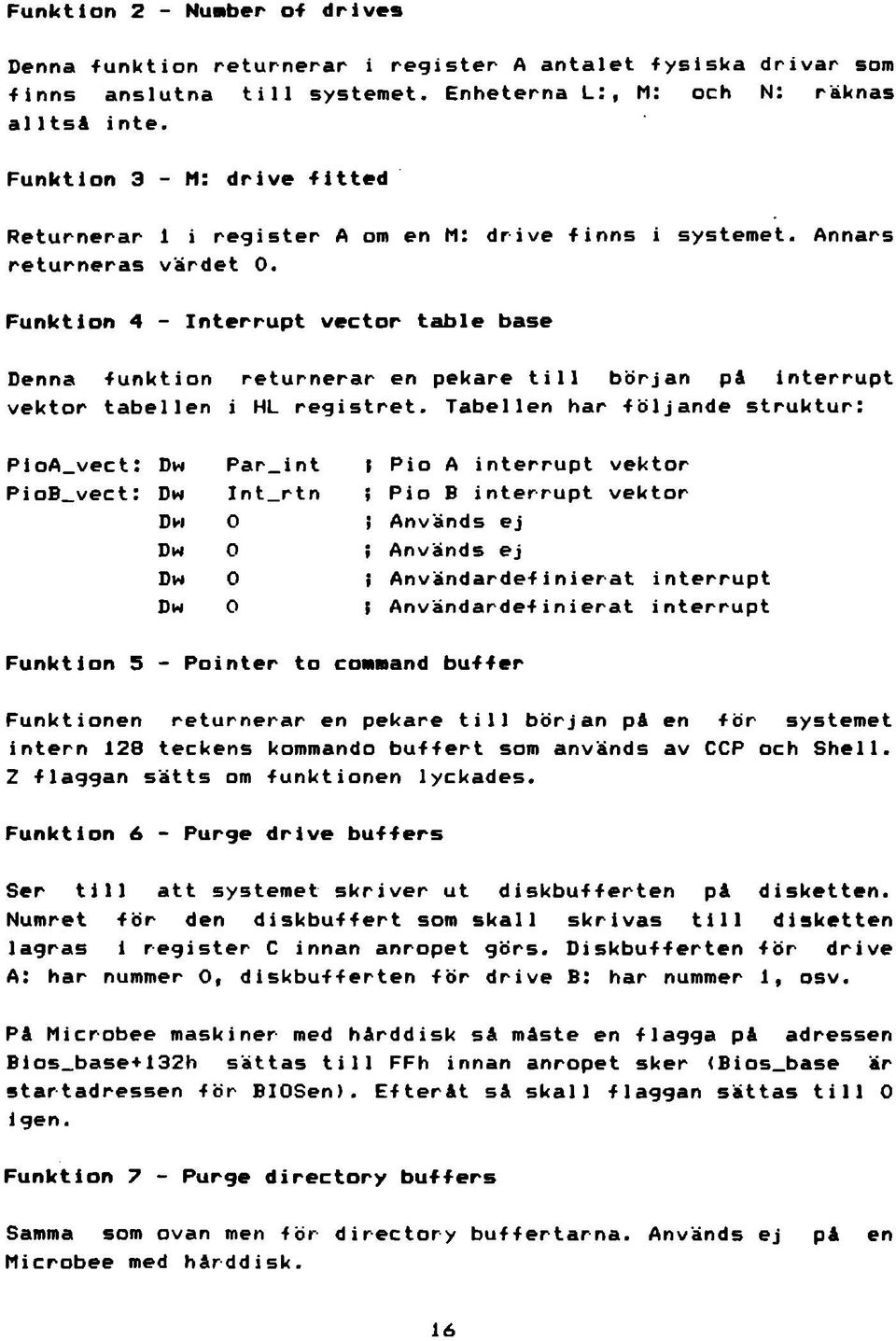 Funk ti on 4 - Interrupt vector table base De nn a funktion returnerar en pekare till början pä interrupt vektor tabellen i HL registret.