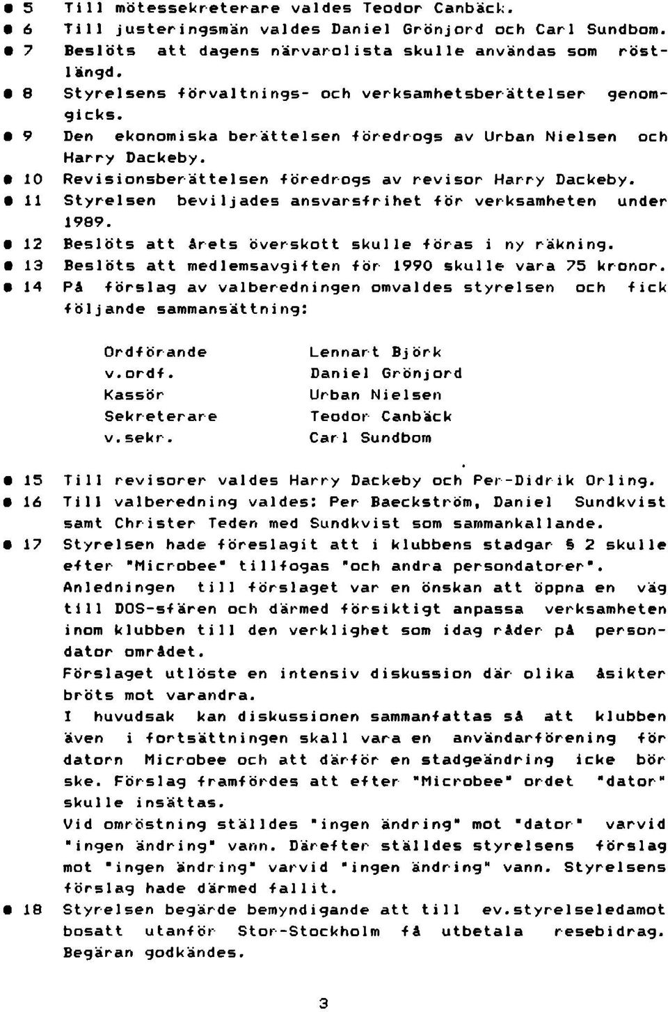 Styrelsen beviljades ansvarsfrihet för verksamheten under 1989. Beslöts att årets överskott skulle föras i ny räkning. Beslöts att medlemsavgiften för 1990 skulle vara 75 kronor.