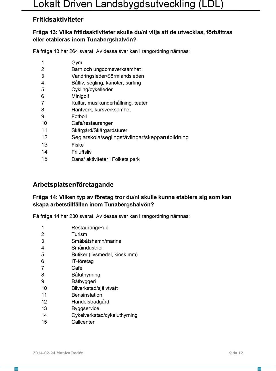 musikunderhållning, teater 8 Hantverk, kursverksamhet 9 Fotboll 1 Café/restauranger 11 Skärgård/Skärgårdsturer 12 Seglarskola/seglingstävlingar/skepparutbildning 13 Fiske 14 Friluftsliv 15 Dans/