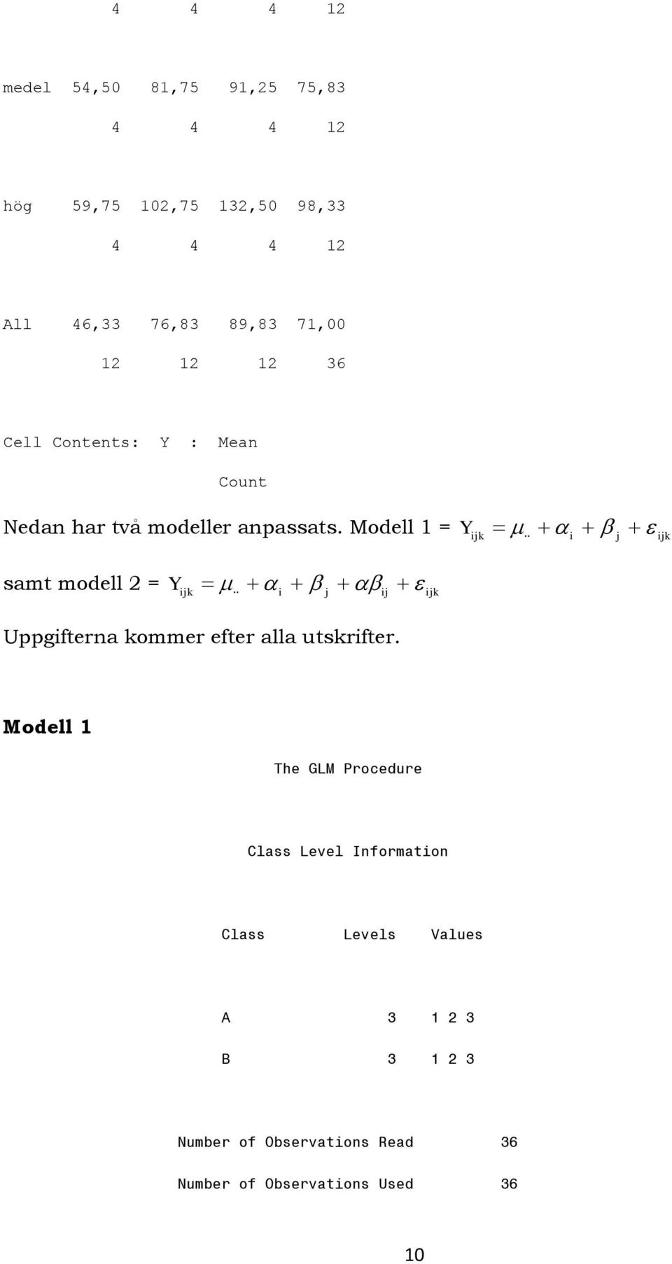 Modell 1 = Yijk i j ijk samt modell 2 = Yijk i j ij ijk Uppgifterna kommer efter alla utskrifter.