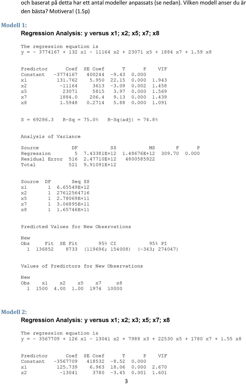 59 x8 Predictor Coef SE Coef T P VIF Constant -3774167 400244-9.43 0.000 x1 131.762 5.950 22.15 0.000 1.943 x2-11164 3613-3.09 0.002 1.458 x5 23071 5815 3.97 0.000 1.569 x7 1884.0 206.4 9.13 0.000 1.439 x8 1.