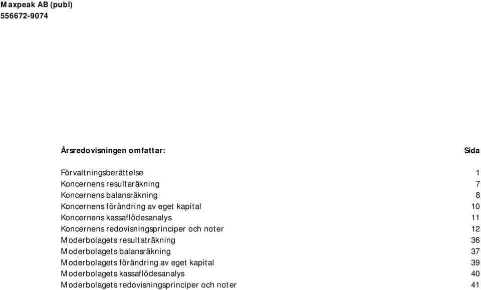 resultaträkning 36 Moderbolagets balansräkning 37 Moderbolagets förändring av eget kapital 39 Moderbolagets kassaflödesanalys 40