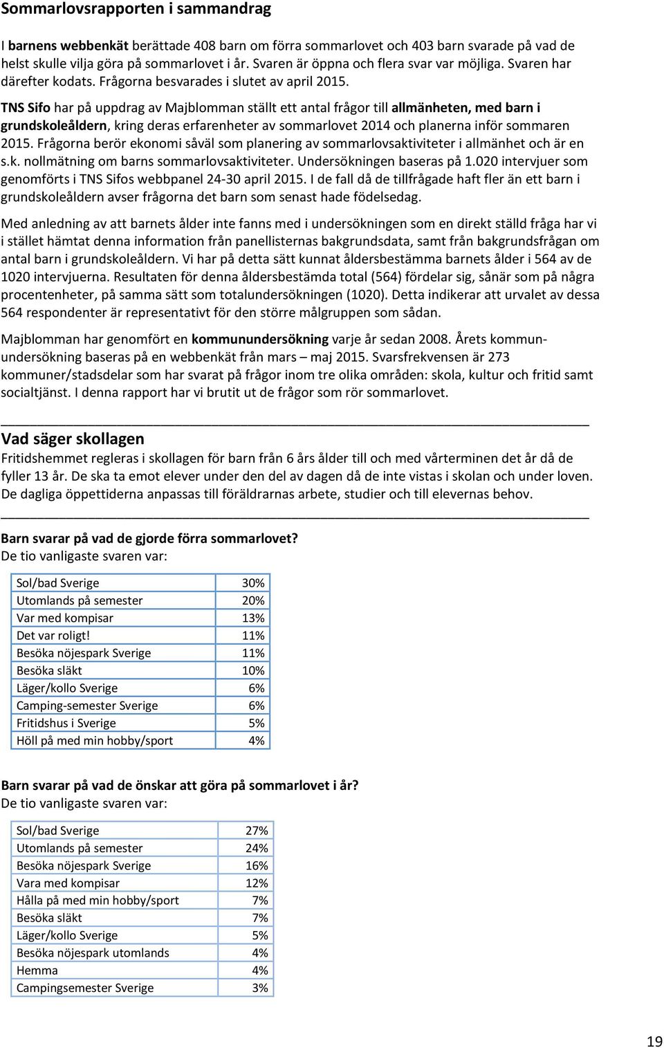 TNS Sifo har på uppdrag av Majblomman ställt ett antal frågor till allmänheten, med barn i grundskoleåldern, kring deras erfarenheter av sommarlovet 2014 och planerna inför sommaren 2015.