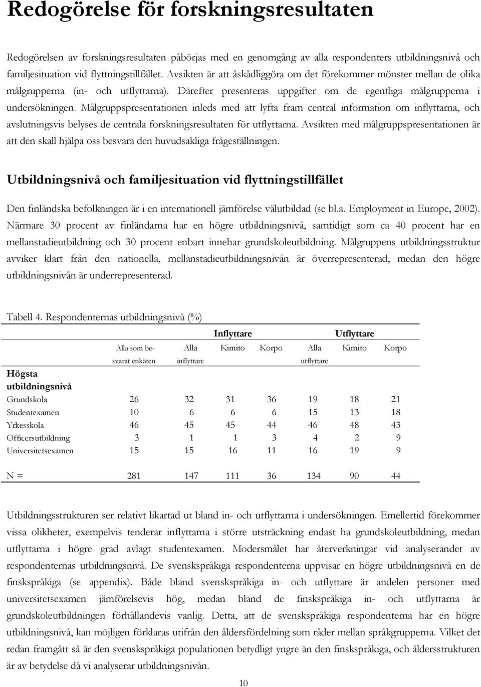 Målgruppspresentationen inleds med att lyfta fram central information om inflyttarna, och avslutningsvis belyses de centrala forskningsresultaten för utflyttarna.