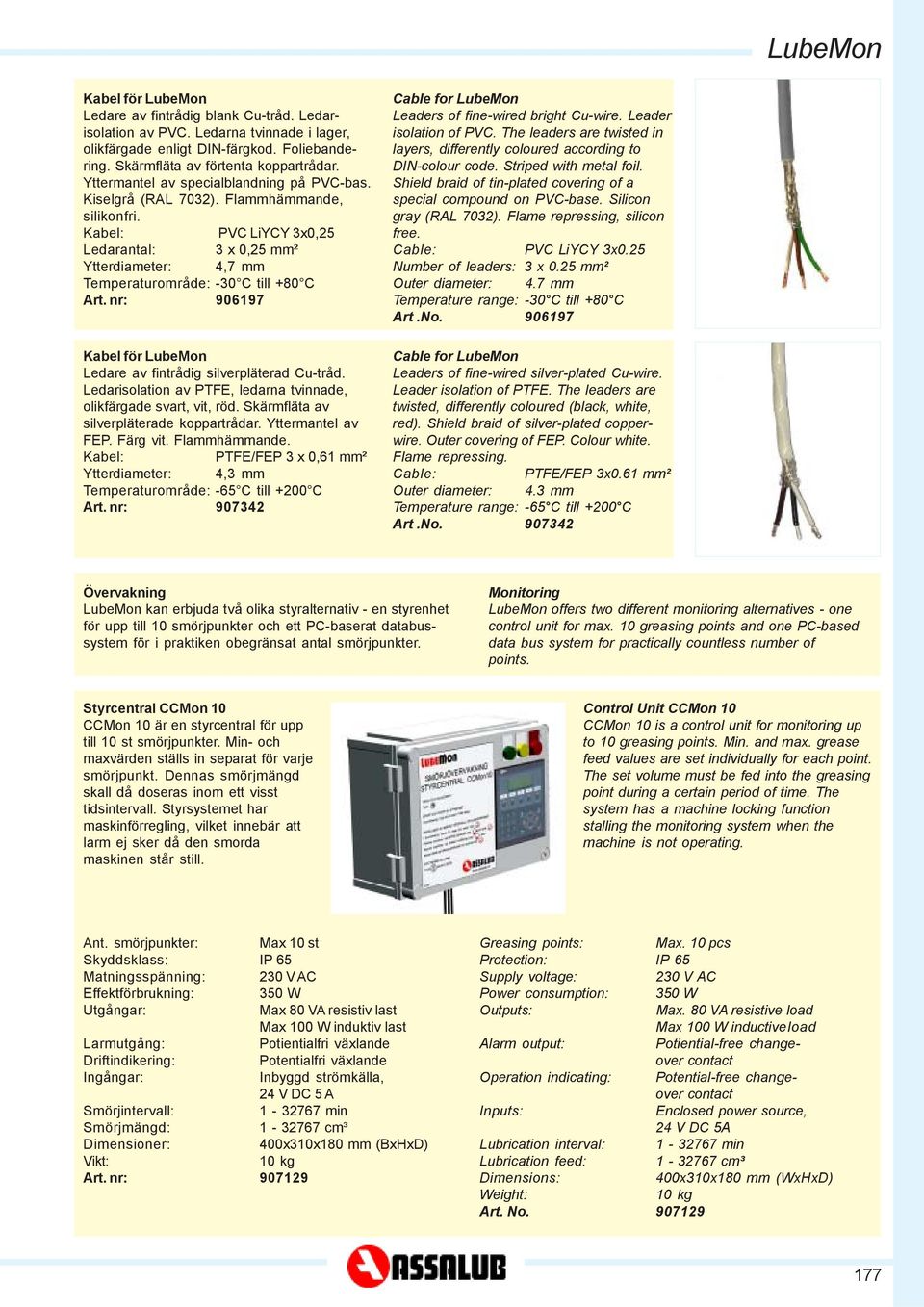 Kabel: PVC LiYCY 3x0,25 Ledarantal: 3 x 0,25 mm² Ytterdiameter: 4,7 mm Temperaturområde: -30 C till +80 C Art. nr: 906197 Kabel för LubeMon Ledare av fintrådig silverpläterad Cu-tråd.