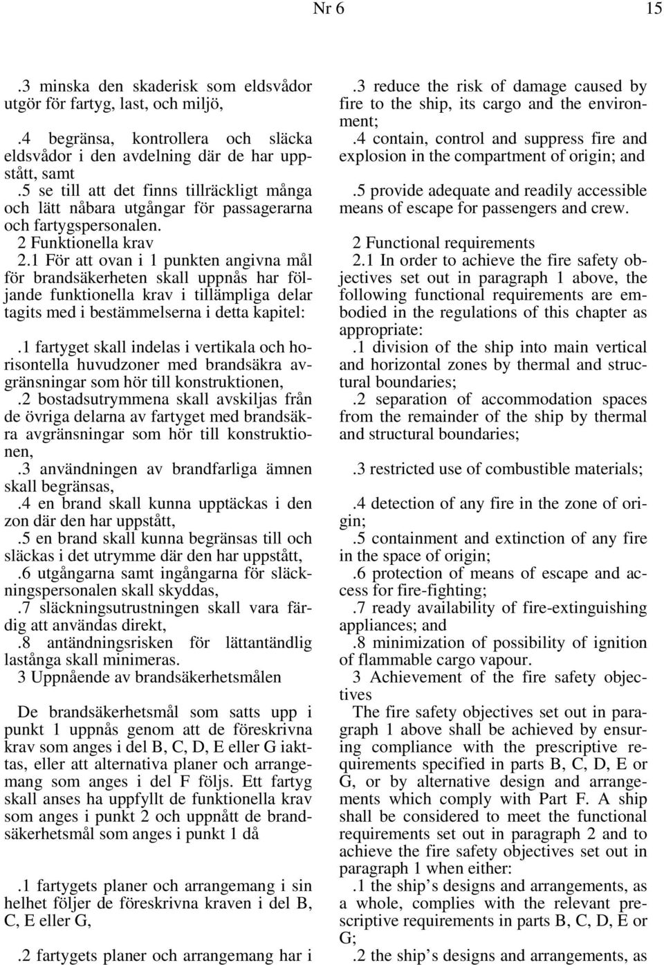 1 För att ovan i 1 punkten angivna mål för brandsäkerheten skall uppnås har följande funktionella krav i tillämpliga delar tagits med i bestämmelserna i detta kapitel:.
