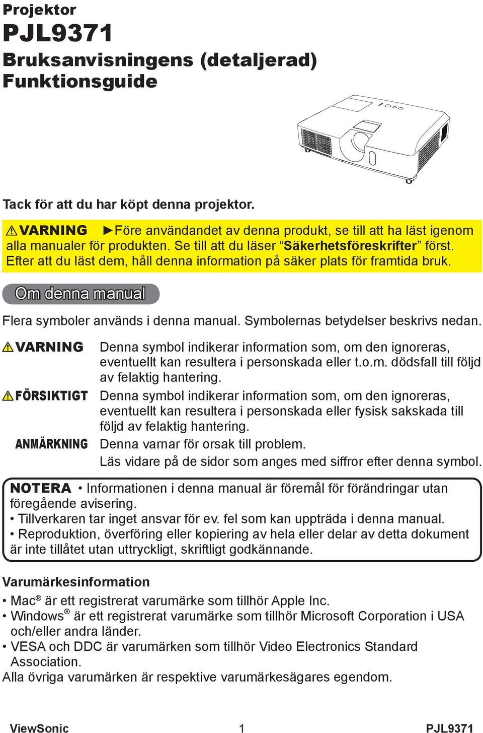 Symbolernas betydelser beskrivs nedan. VARNING FÖRSIKTIGT ANMÄRKNING Denna symbol indikerar information som, om den ignoreras, eventuellt kan resultera i personskada eller t.o.m. dödsfall till följd av felaktig hantering.