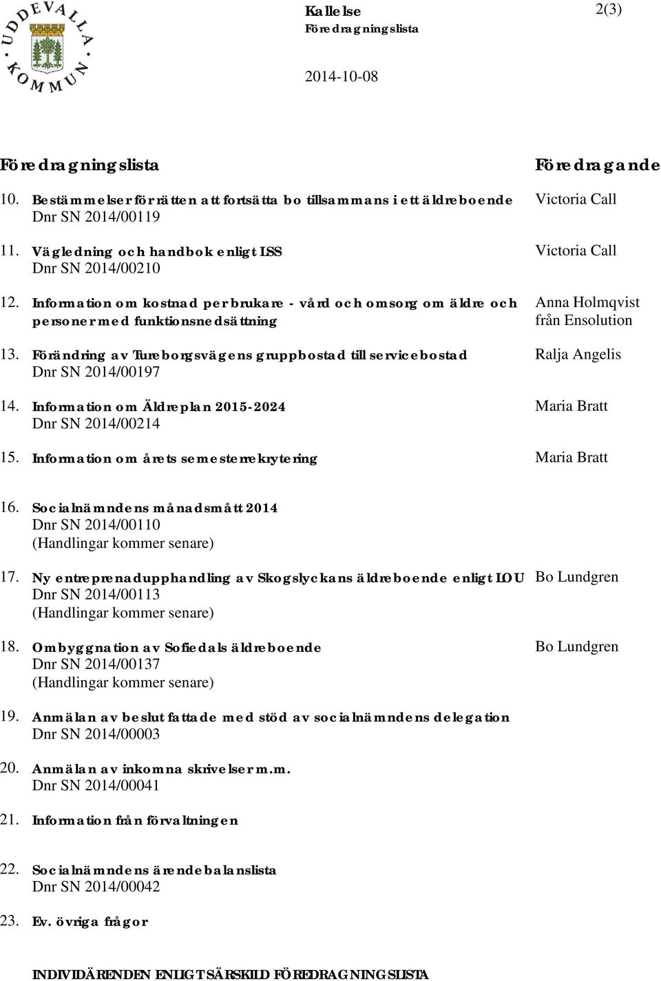 Förändring av Tureborgsvägens gruppbostad till servicebostad Dnr SN 2014/00197 14.