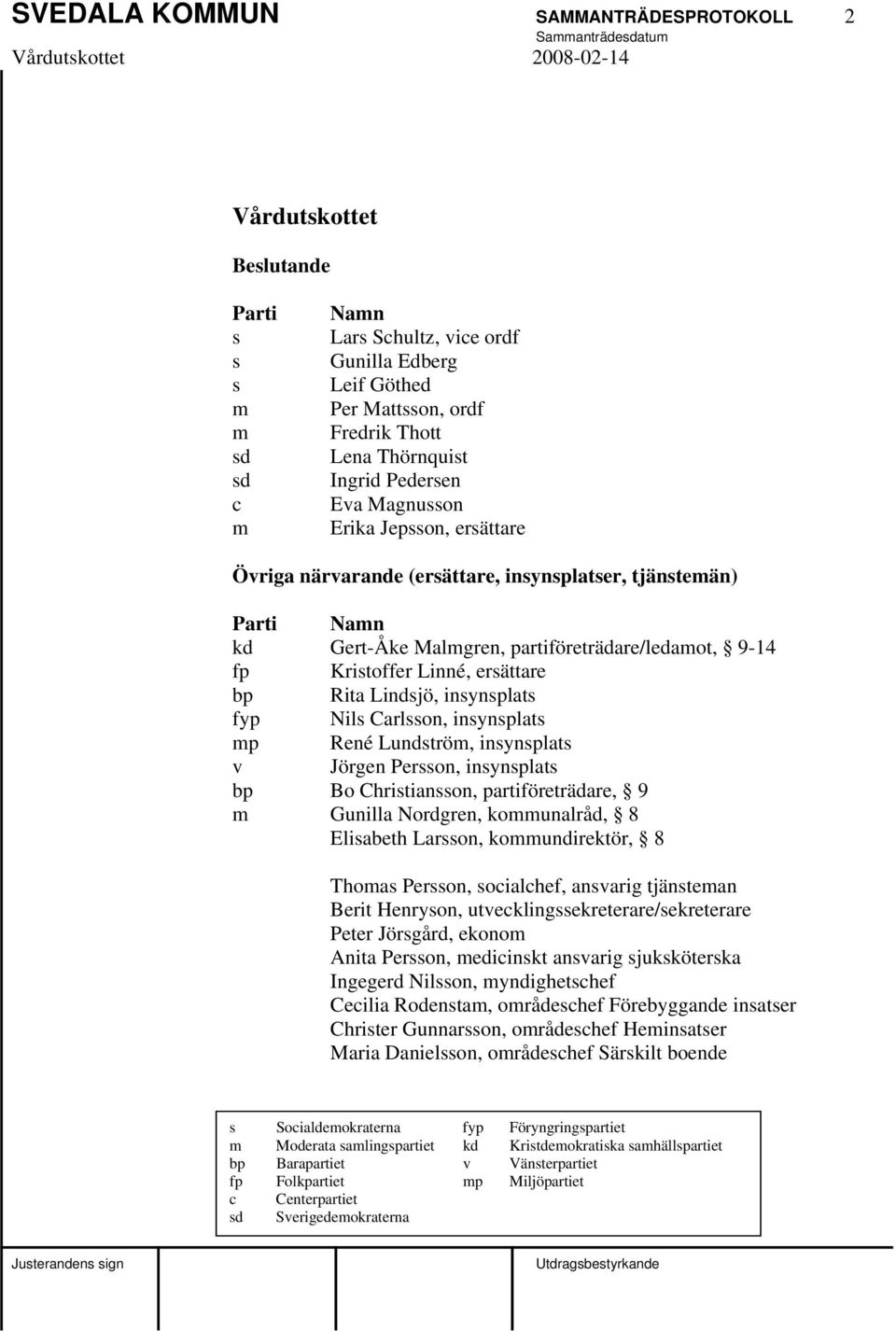 ersättare bp Rita Lindsjö, insynsplats fyp Nils Carlsson, insynsplats mp René Lundström, insynsplats v Jörgen Persson, insynsplats bp Bo Christiansson, partiföreträdare, 9 m Gunilla Nordgren,