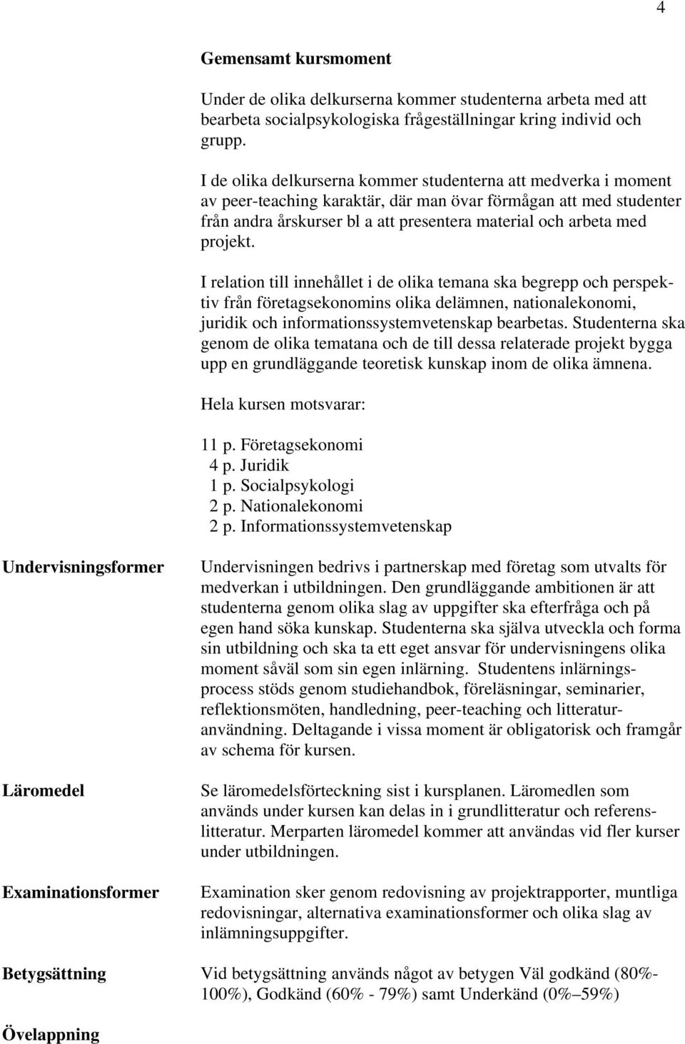 projekt. I relation till innehållet i de olika temana ska begrepp och perspektiv från företagsekonomins olika delämnen, nationalekonomi, juridik och informationssystemvetenskap bearbetas.