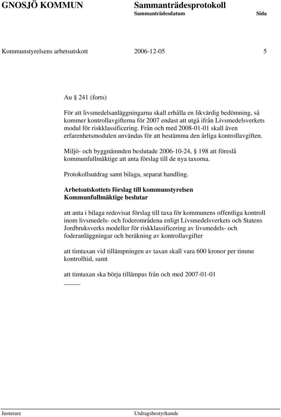 Miljö- och byggnämnden beslutade 2006-10-24, 198 att föreslå kommunfullmäktige att anta förslag till de nya taxorna. Protokollsutdrag samt bilaga, separat handling.