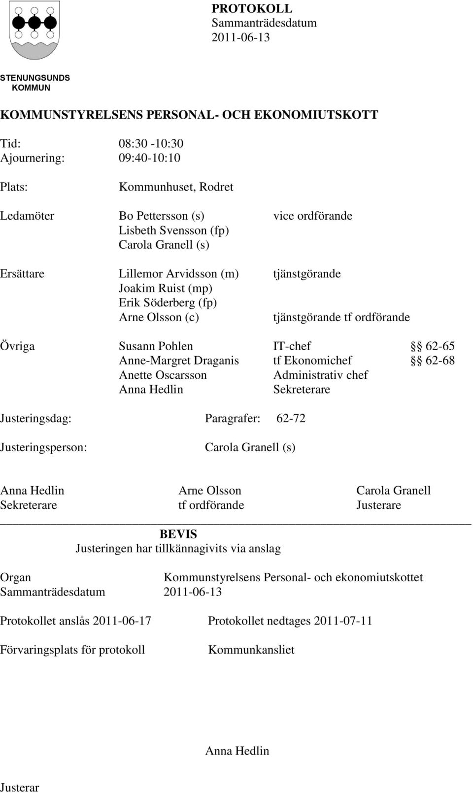 Anne-Margret Draganis tf Ekonomichef 62-68 Anette Oscarsson Administrativ chef Anna Hedlin Sekreterare Justeringsdag: Paragrafer: 62-72 Justeringsperson: Carola Granell (s) Anna Hedlin Arne Olsson