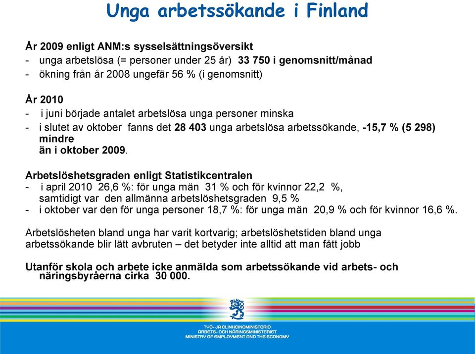 Arbetslöshetsgraden enligt Statistikcentralen - i april 2010 26,6 %: för unga män 31 % och för kvinnor 22,2 %, samtidigt var den allmänna arbetslöshetsgraden 9,5 % - i oktober var den för unga