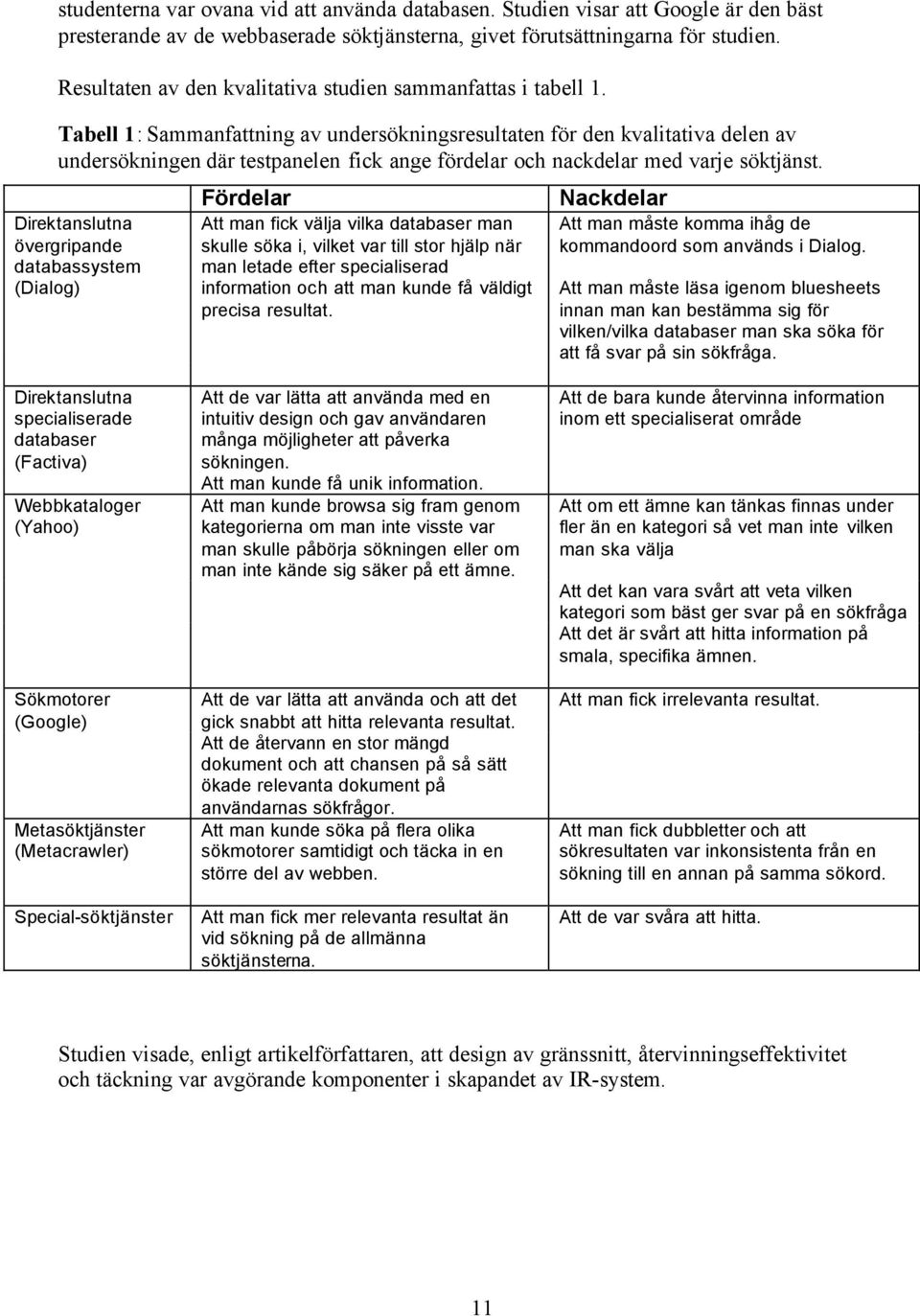 Tabell 1: Sammanfattning av undersökningsresultaten för den kvalitativa delen av undersökningen där testpanelen fick ange fördelar och nackdelar med varje söktjänst.