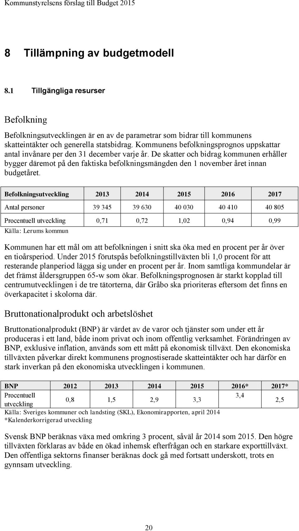 De skatter och bidrag kommunen erhåller bygger däremot på den faktiska befolkningsmängden den 1 november året innan budgetåret.