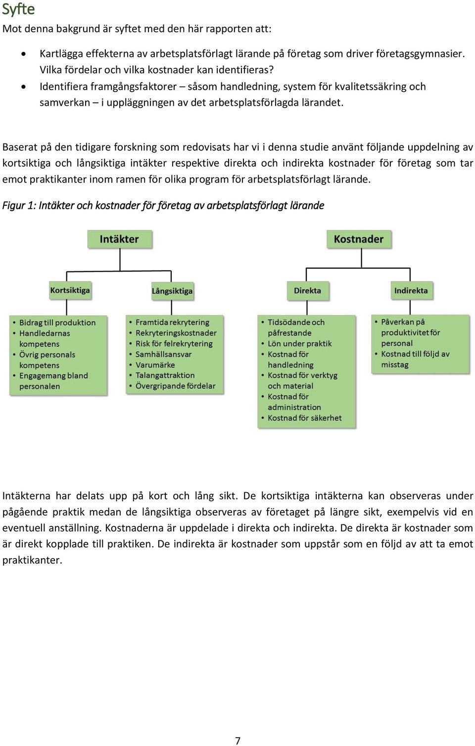 Baserat på den tidigare forskning som redovisats har vi i denna studie använt följande uppdelning av kortsiktiga och långsiktiga intäkter respektive direkta och indirekta kostnader för företag som