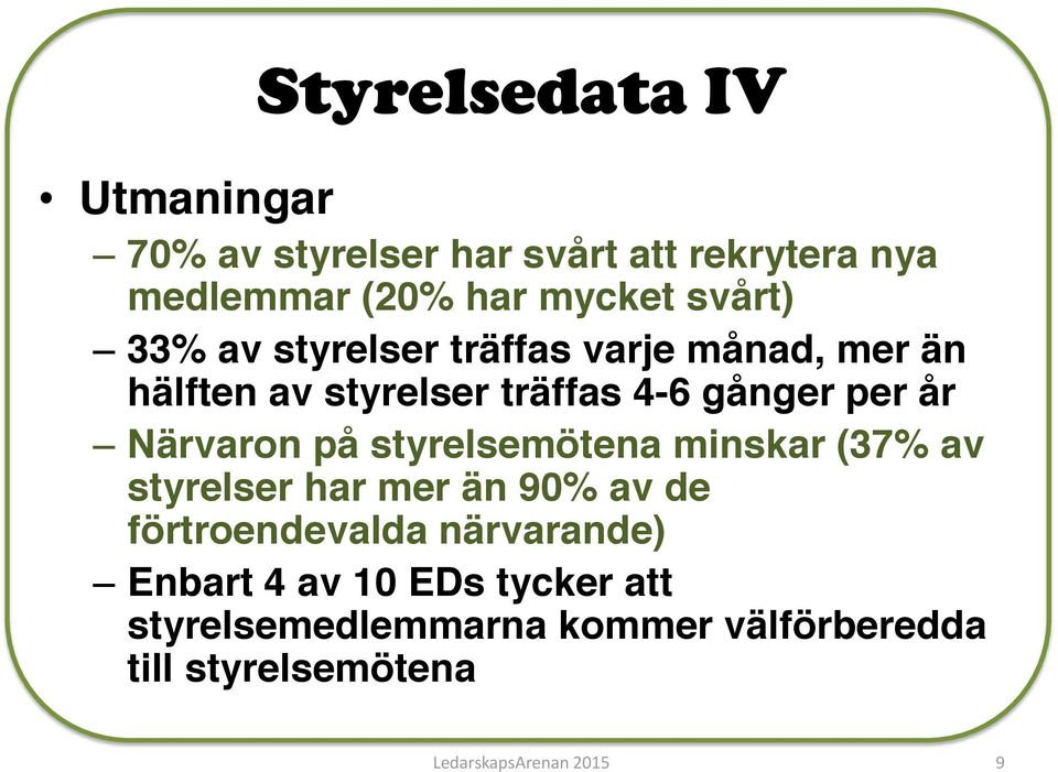 Närvaron på styrelsemötena minskar (37% av styrelser har mer än 90% av de förtroendevalda närvarande)