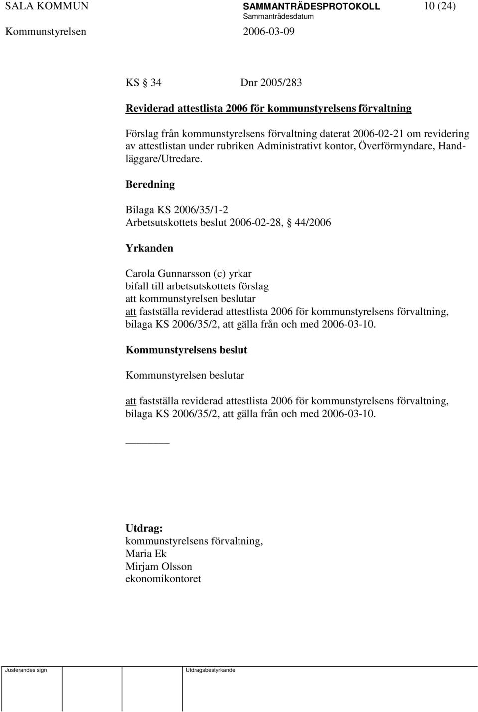 Bilaga KS 2006/35/1-2 Arbetsutskottets beslut 2006-02-28, 44/2006 bifall till arbetsutskottets förslag att kommunstyrelsen beslutar att fastställa reviderad attestlista 2006 för