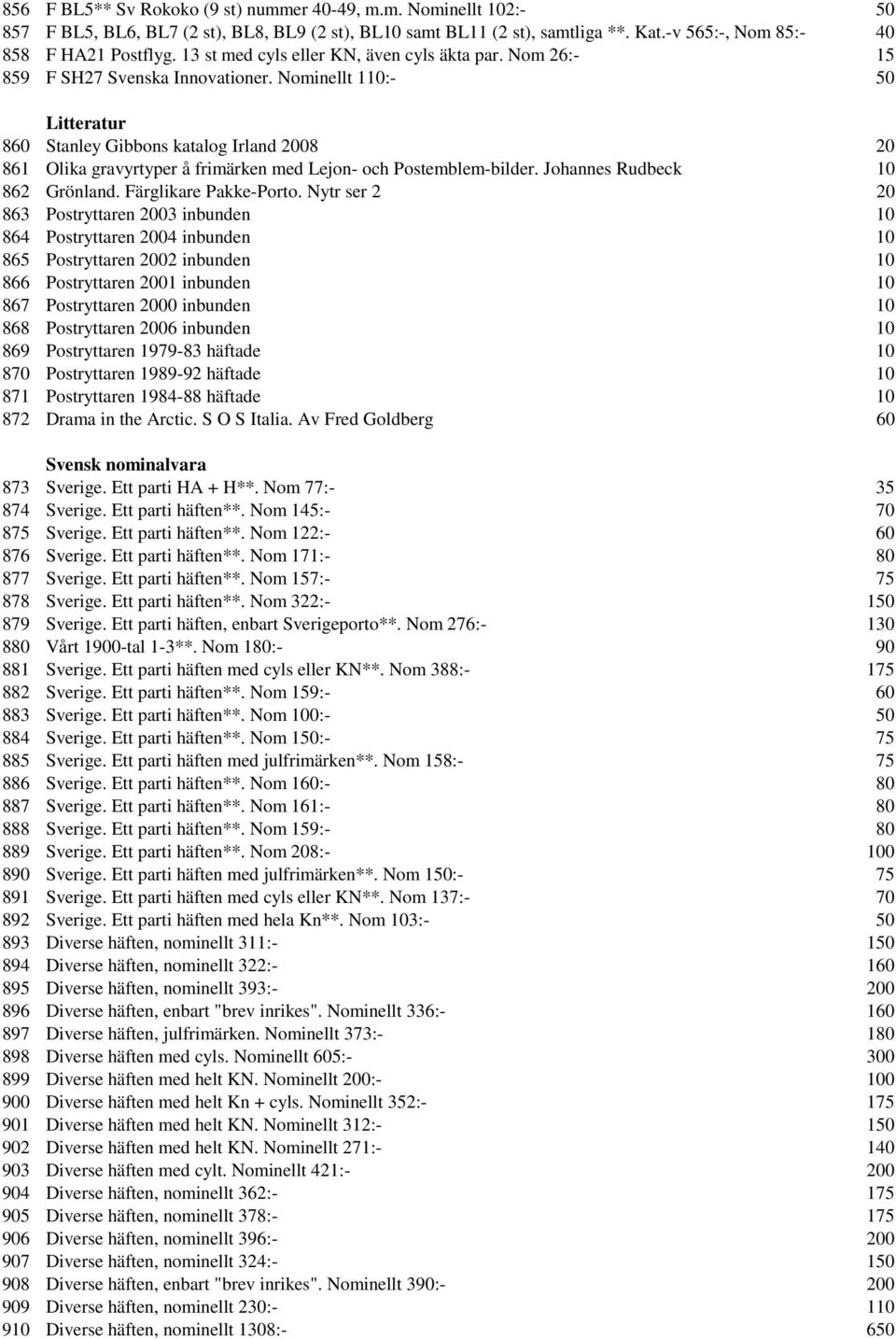 Nominellt 110:- 50 Litteratur 860 Stanley Gibbons katalog Irland 2008 20 861 Olika gravyrtyper å frimärken med Lejon- och Postemblem-bilder. Johannes Rudbeck 10 862 Grönland. Färglikare Pakke-Porto.