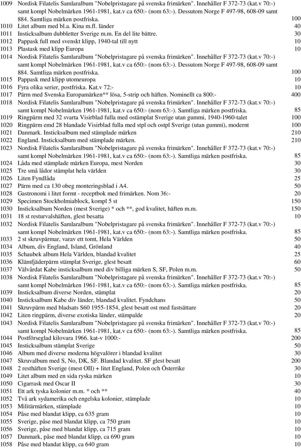 30 1012 Pappask full med svenskt klipp, 1940-tal till nytt 10 1013 Plastask med klipp Europa 10 1014 Nordisk Filatelis Samlaralbum "Nobelpristagare på svenska frimärken". Innehåller F 372-73 (kat.