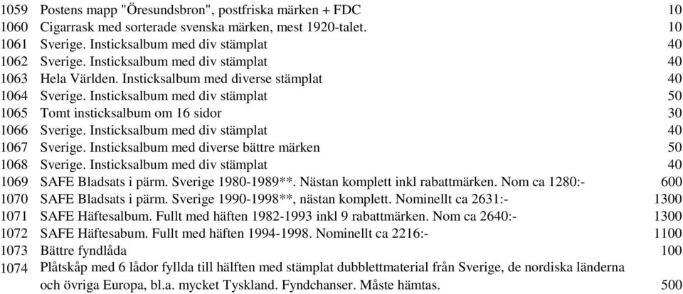 Insticksalbum med div stämplat 40 1067 Sverige. Insticksalbum med diverse bättre märken 50 1068 Sverige. Insticksalbum med div stämplat 40 1069 SAFE Bladsats i pärm. Sverige 1980-1989**.