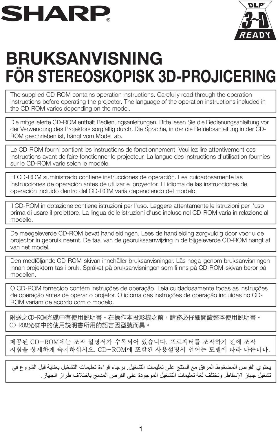 Bitte lesen Sie die Bedienungsanleitung vor der Verwendung des Projektors sorgfältig durch. Die Sprache, in der die Betriebsanleitung in der CD- ROM geschrieben ist, hängt vom Modell ab.