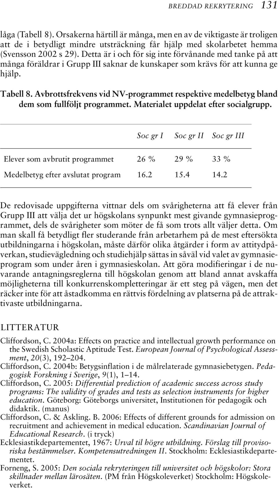 Avbrottsfrekvens vid NV-programmet respektive medelbetyg bland dem som fullföljt programmet. Materialet uppdelat efter socialgrupp.