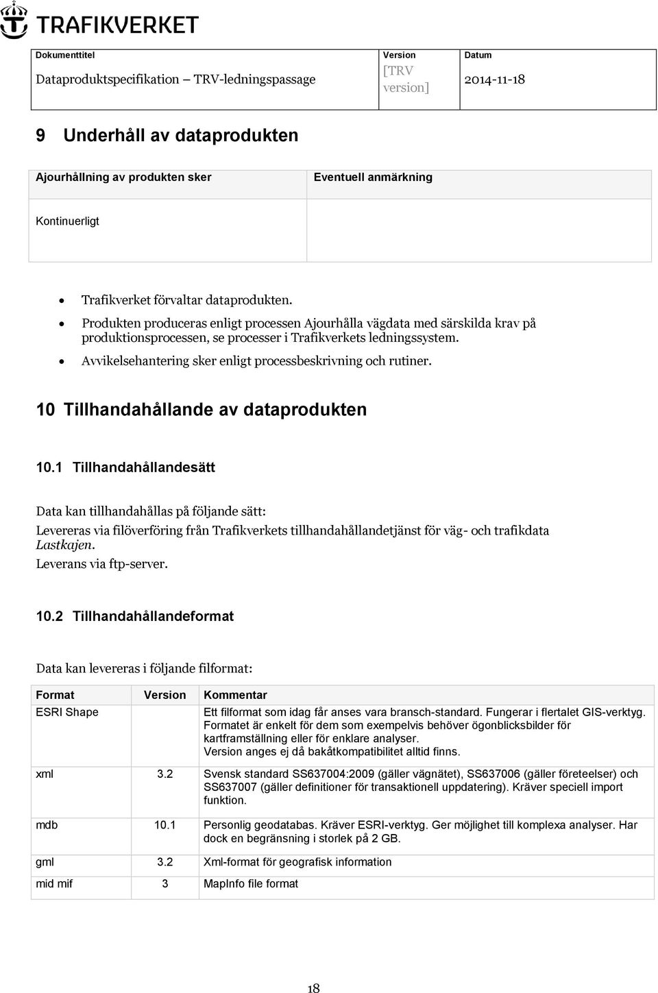 Avvikelsehantering sker enligt processbeskrivning och rutiner. 10 Tillhandahållande av dataprodukten 10.