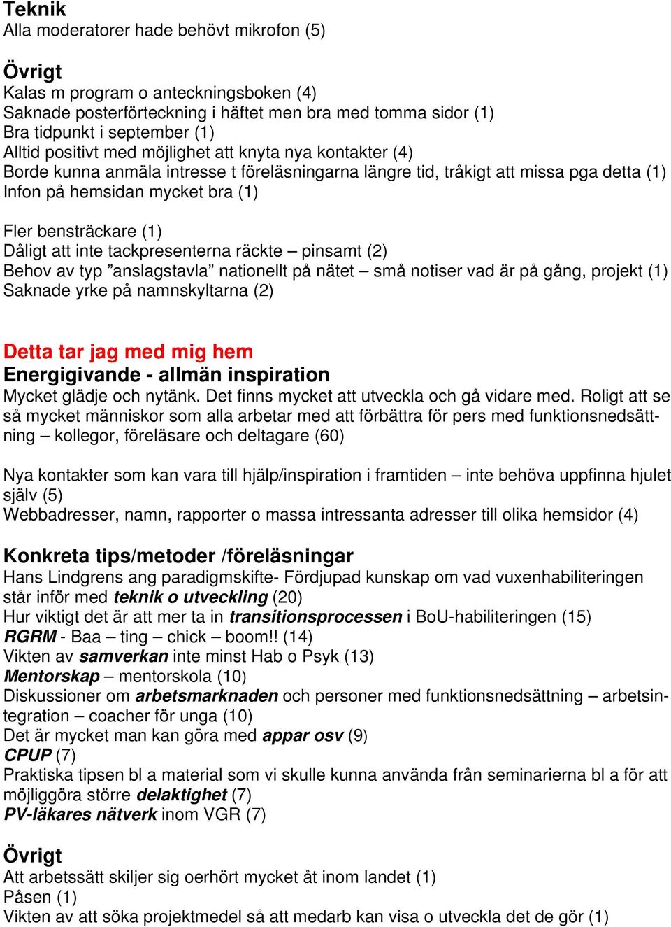 Dåligt att inte tackpresenterna räckte pinsamt (2) Behov av typ anslagstavla nationellt på nätet små notiser vad är på gång, projekt (1) Saknade yrke på namnskyltarna (2) Detta tar jag med mig hem