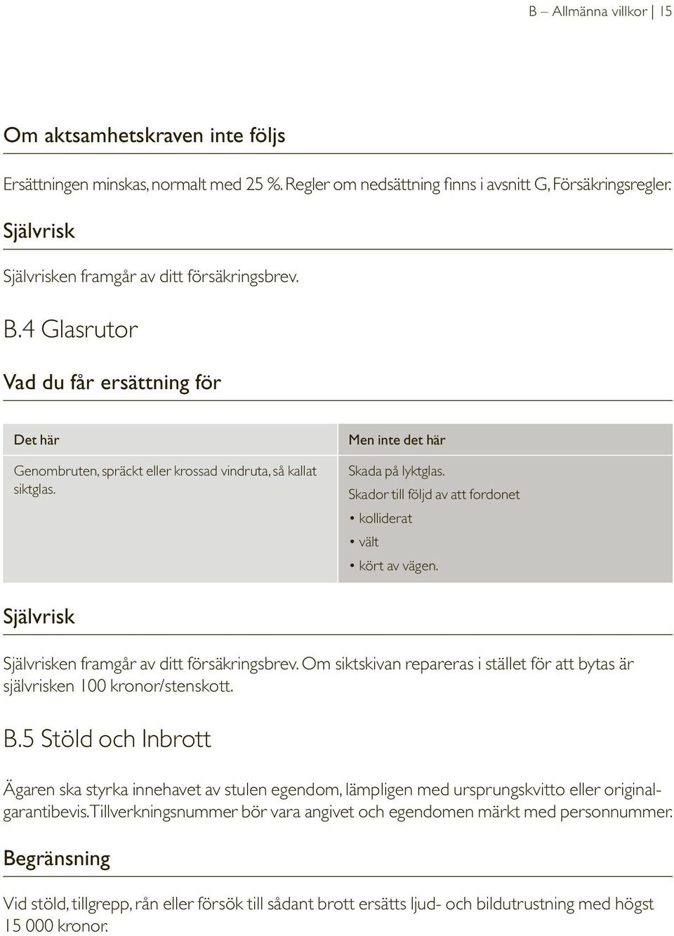 Men inte det här Skada på lyktglas. Skador till följd av att fordonet kolliderat vält kört av vägen. Självrisk Självrisken framgår av ditt försäkringsbrev.