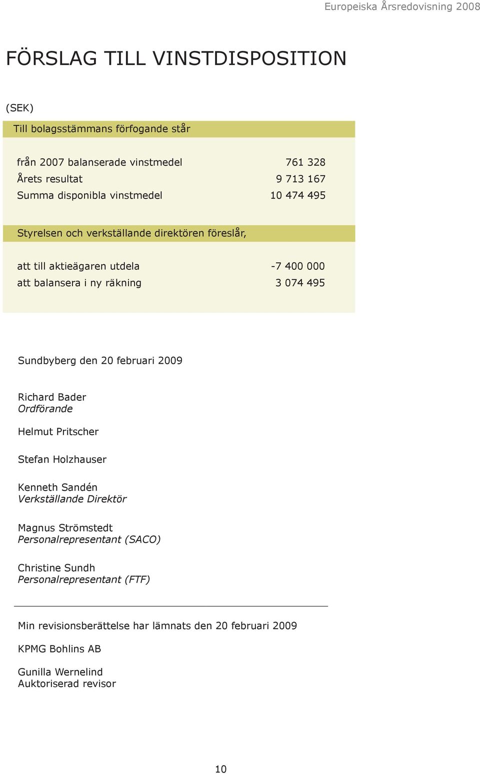 den 20 februari 2009 Richard Bader Ordförande Helmut Pritscher Stefan Holzhauser Kenneth Sandén Verkställande Direktör Magnus Strömstedt Personalrepresentant